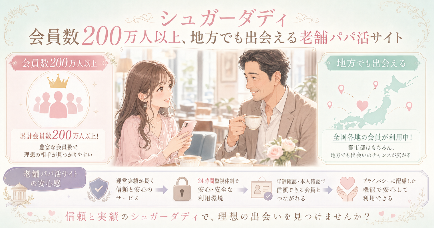 第1位:シュガーダディ、会員数200万人以上、地方でも出会える老舗パパ活サイト
