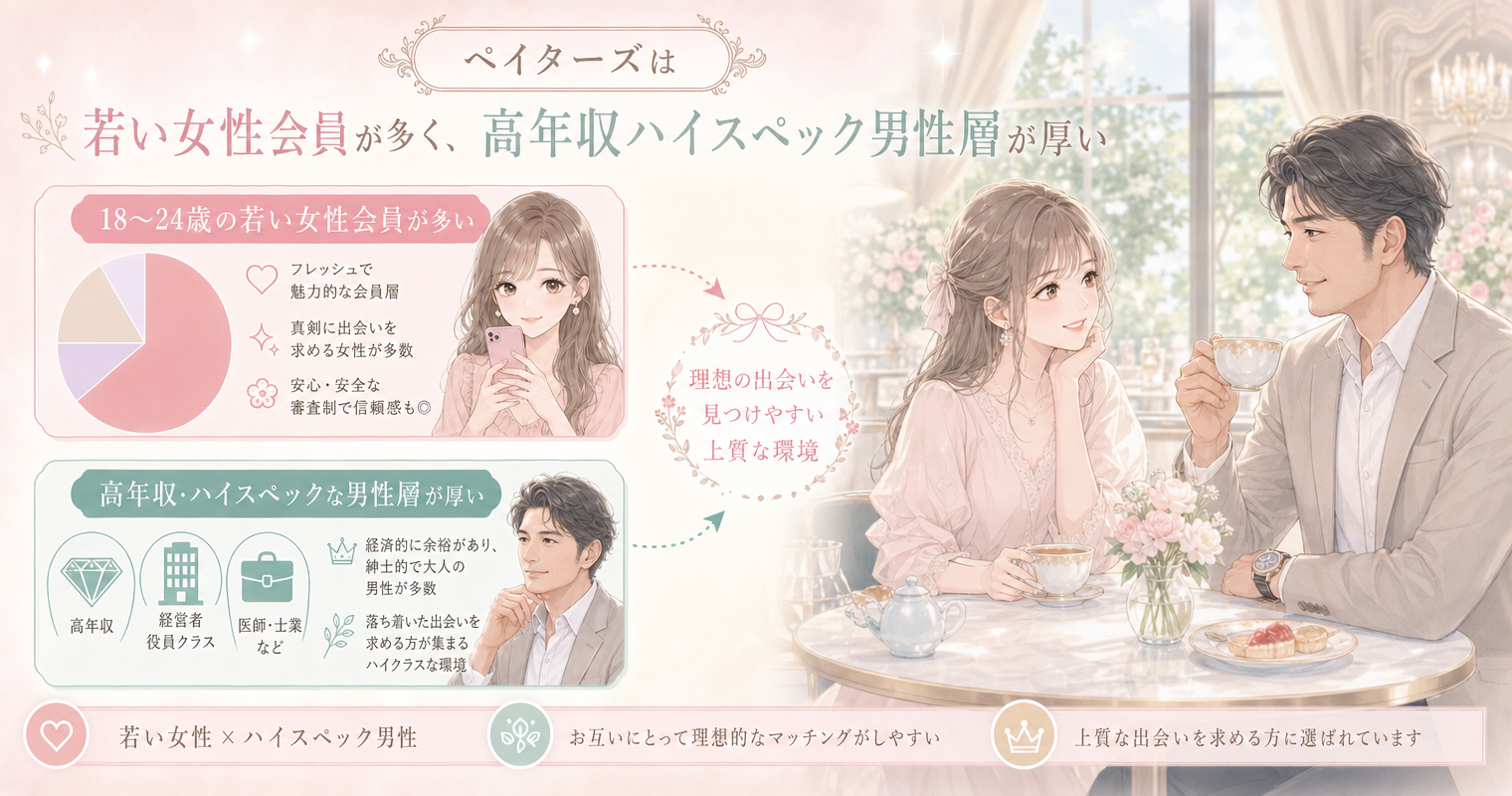 第3位:ペイターズ、18〜24歳の若い女性会員が多い、高年収ハイスペック男性層が厚い