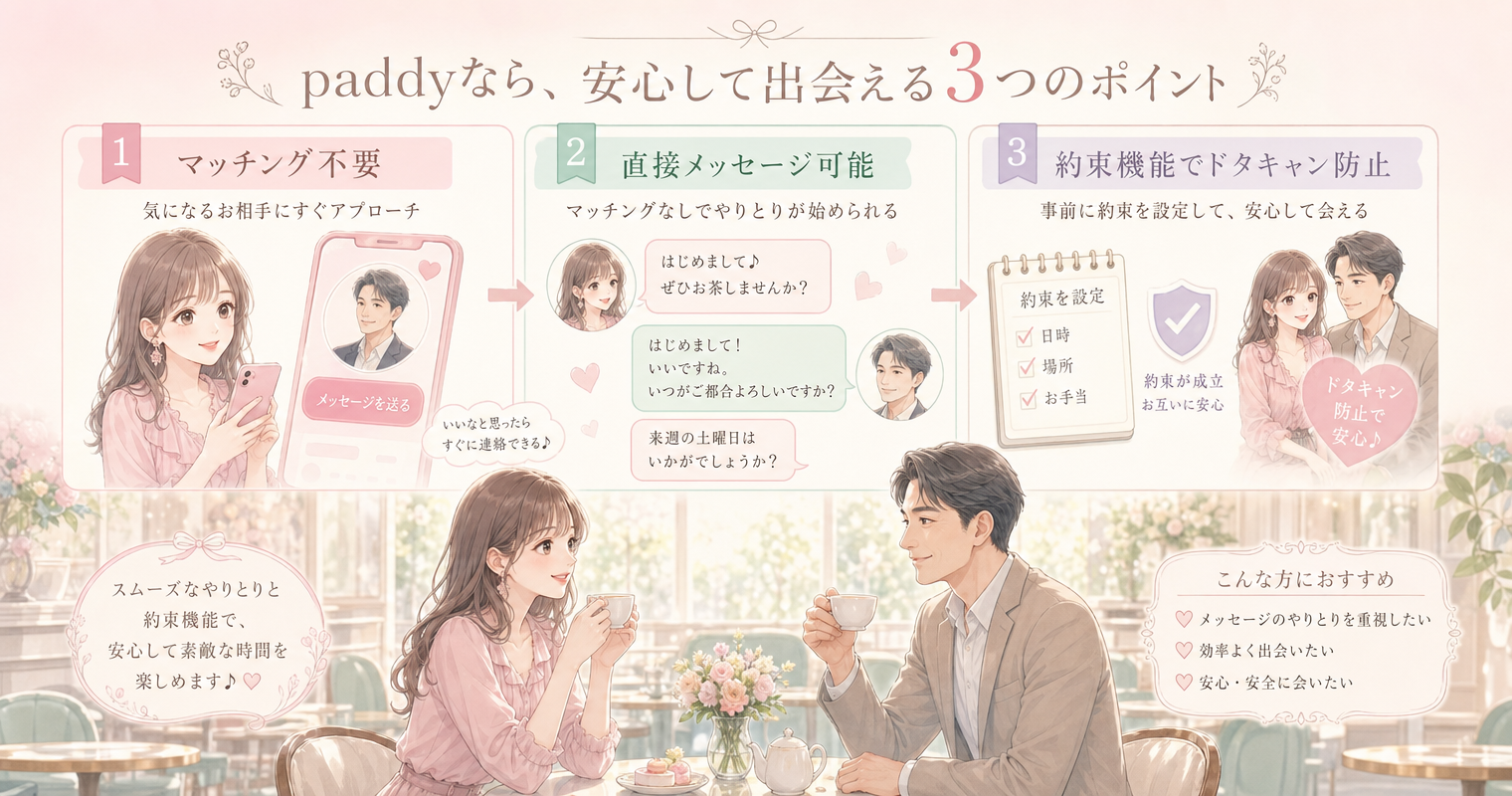 第5位:paddy、マッチング不要で直接メッセージ可能、約束機能でドタキャン防止