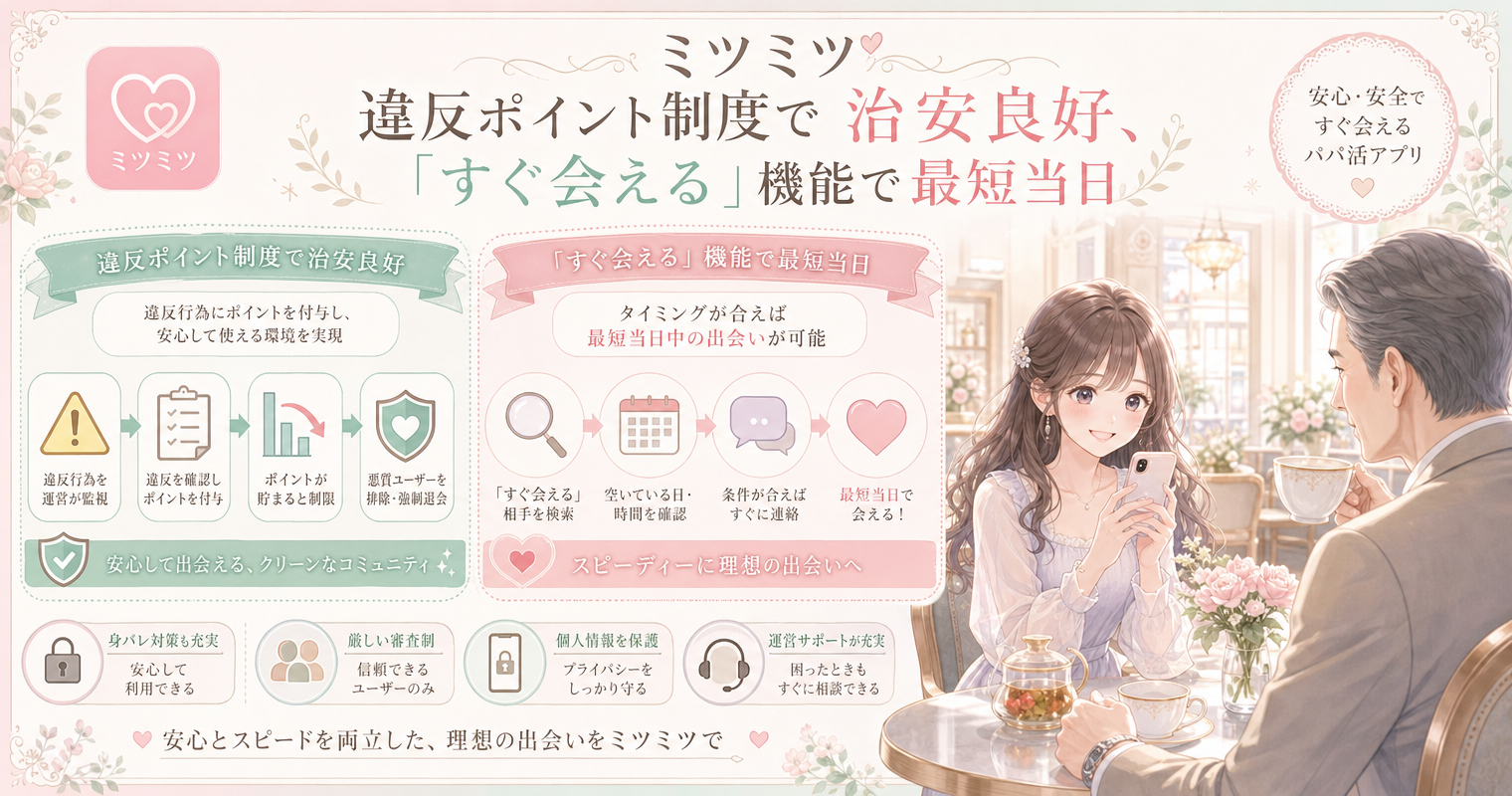第7位:ミツミツ、違反ポイント制度で治安良好、「すぐ会える」機能で最短当日