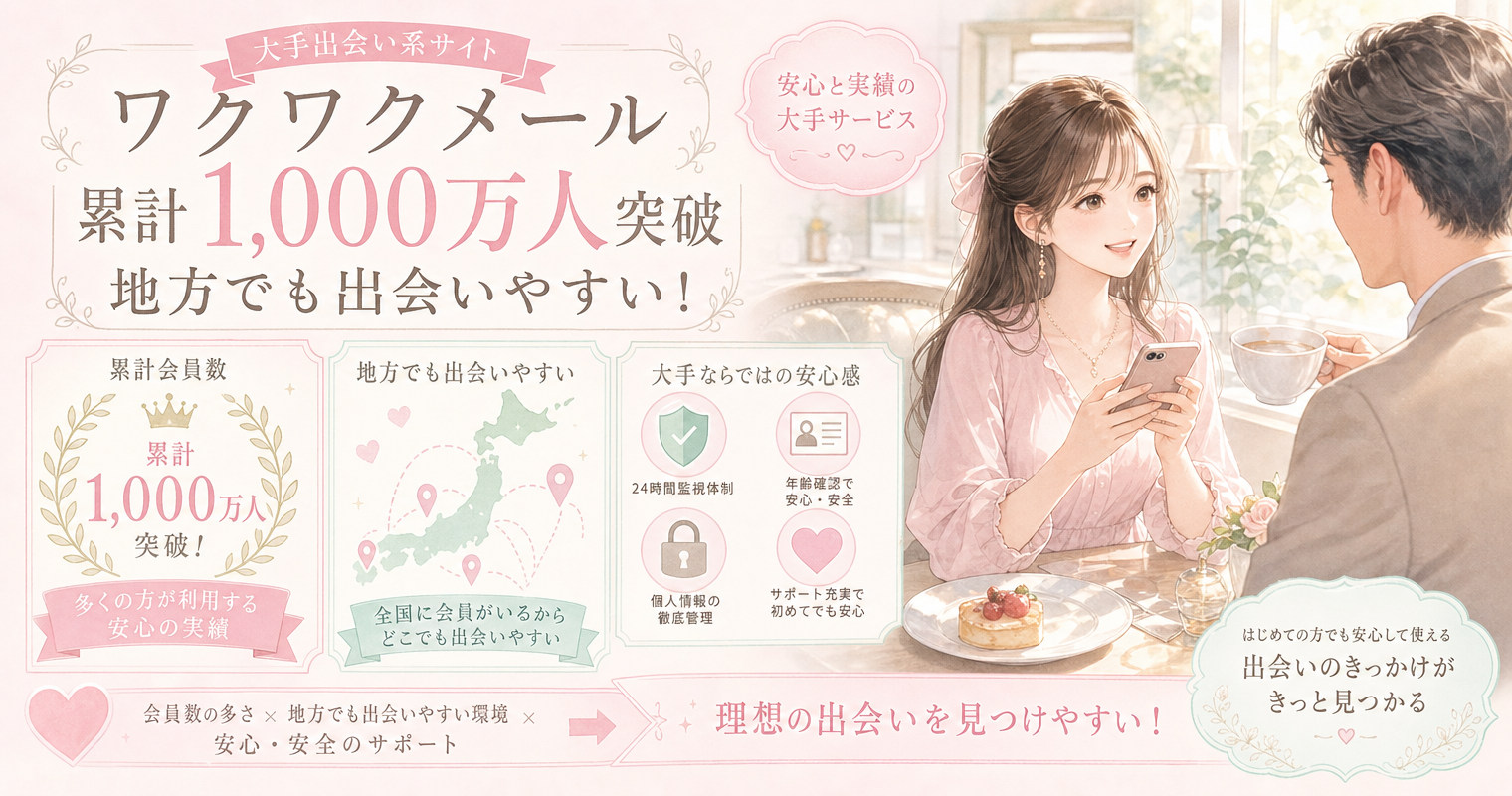 第8位:ワクワクメール、累計1,000万人、地方でも出会いやすい大手出会い系