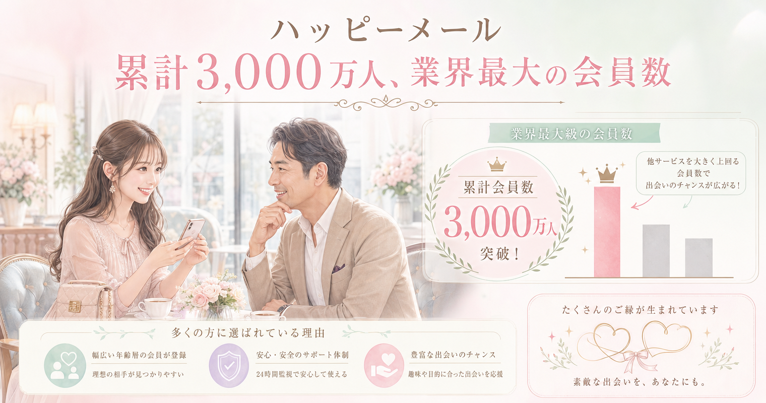 第9位:ハッピーメール、累計3,000万人、業界最大の会員数