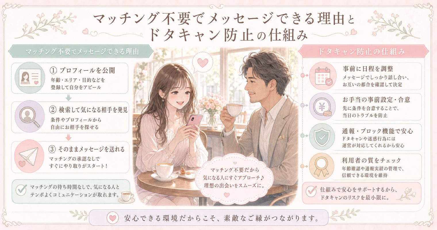 マッチング不要でメッセージできる理由とドタキャン防止の仕組み