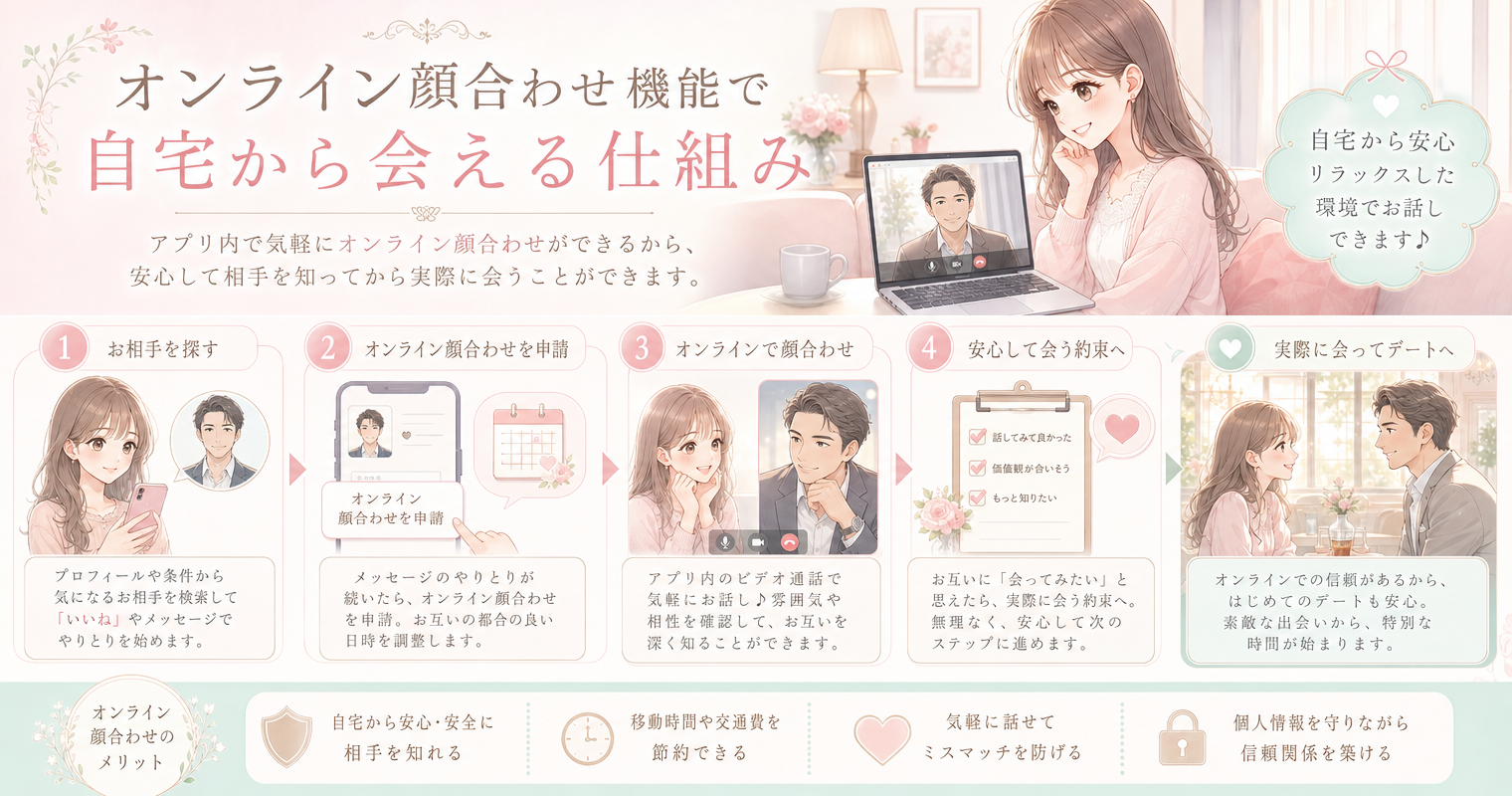 オンライン顔合わせ機能で自宅から会える仕組み