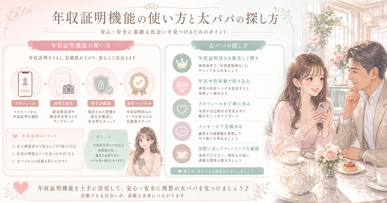 年収証明機能の使い方と太パパの探し方
